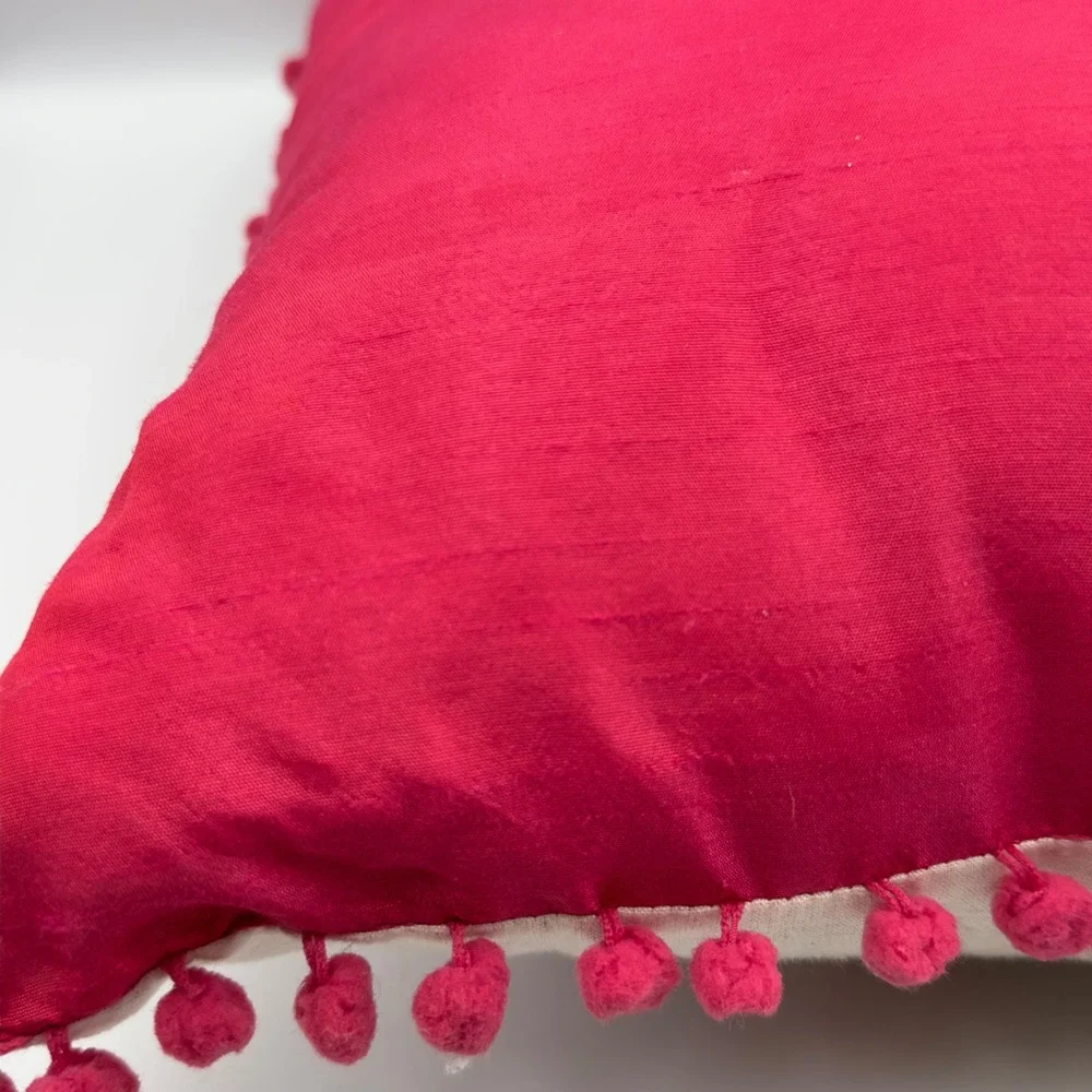 Set of 2 Embroidered Peacock Floral Throw Pillows Pink Pom Pom Trim 16x16 Boho